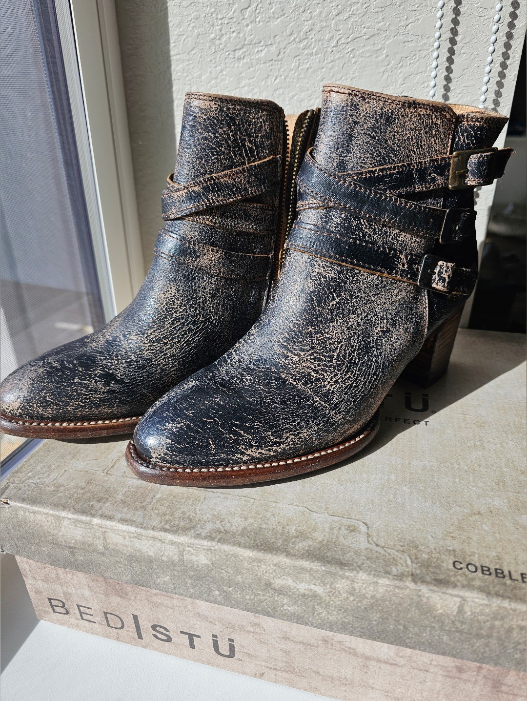 Bed|Stu Distressed Black Brown Leather Ankle Boots With Buckle Straps — image 8 of 8